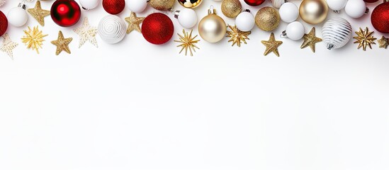 Poster - Elegant top-down view of a white background adorned with red and gold Christmas ornaments and stars, offering ample space for text and content.