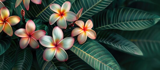 Fototapete - Vibrant tropical frangipani flowers in shades of pink yellow and white scattered among lush green leaves with soft focus background for copy space