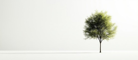 Poster - Lone green tree with light foliage positioned left on minimalistic light gray background creating a serene and tranquil atmosphere