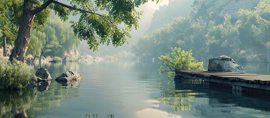 Fototapete - Serene lake landscape featuring calm waters reflecting lush greenery, gentle light filtering through trees, with a wooden platform on the left side.