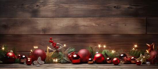 Poster - Festive Christmas decorations including red ornaments and greenery on a rustic wooden background with warm fairy lights perfect for holiday themes.