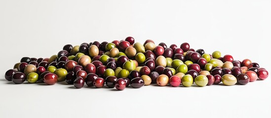 Poster - Assorted colorful olives in varied shades of green, black, and purple piled on a clean white background, showcasing their diverse textures and hues.