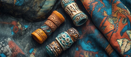 Leinwandbilder - Tribal polymer clay beads in turquoise and orange on vibrant patterned fabric creating a handmade jewelry aesthetic with intricate designs.