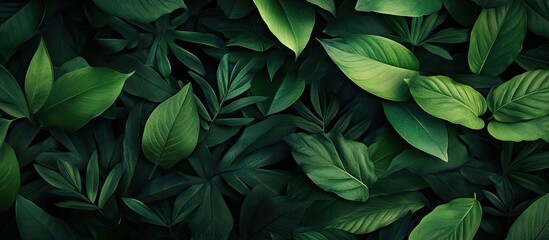 Fototapete - Lush dark green leaves create a serene forest backdrop with varied textures positioned throughout the image promoting a tranquil atmosphere.