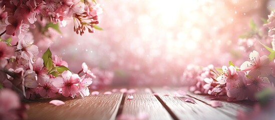 Aufkleber - Wooden tabletop adorned with scattered pink cherry blossom petals, softly illuminated by ethereal light against a blurred floral background.