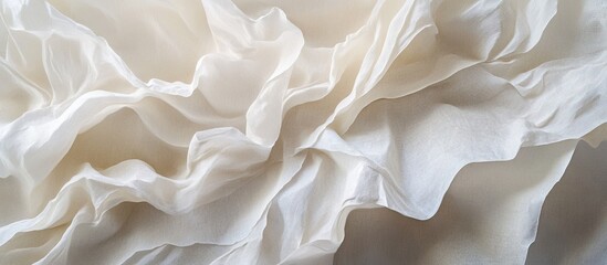 Fototapete - Delicate textured white fabric with soft folds and subtle sheen arranged intricately on a light background for elegant aesthetic appeal