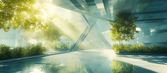 Poster - Pristine glass architecture reflects radiant sunlight beams with lush greenery, positioned centrally against a tranquil water surface, showcasing harmony.