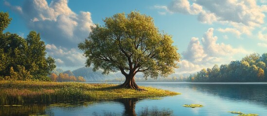 Aufkleber - Lush green tree beside calm lake reflecting blue sky with fluffy clouds in serene landscape showcasing nature's tranquility and beauty