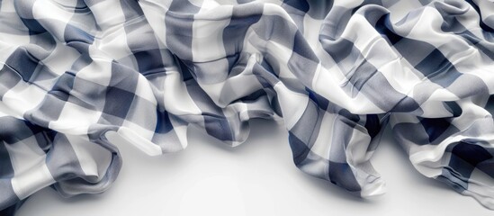 Aufkleber - Crumpled blue and white checkered fabric drapes on a white background creating soft folds with ample copy space for design elements.