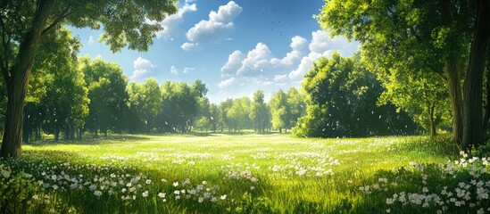 Leinwandbilder - Lush green meadow under a bright blue sky with fluffy white clouds surrounded by vibrant trees and wildflowers in the foreground and background.