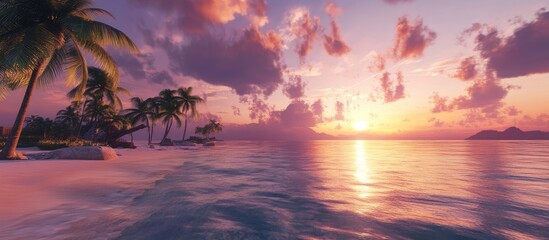 Aufkleber - Serene tropical beach at sunset with pink and orange hues reflecting on calm water, palm trees on the left against dramatic sky.