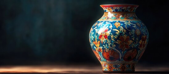 Poster - Colorful ornate Turkish ceramic vase with intricate floral patterns against a dark textured background highlighting its vibrant reds and blues.