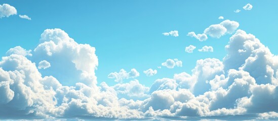 Poster - Vibrant blue sky adorned with fluffy white clouds creating a serene backdrop ideal for urban landscapes and architectural designs.