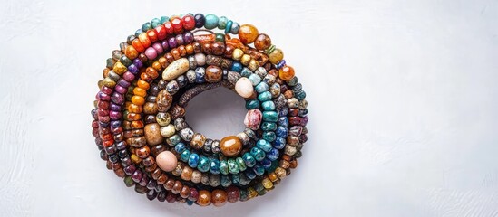 Leinwandbilder - Colorful handmade bracelets made of natural stones arranged in a circular pattern on a white background showcasing vibrant hues and intricate details
