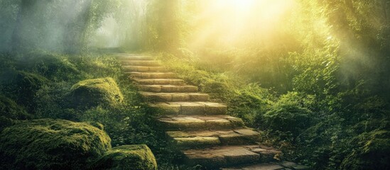 Fototapete - Serene stone pathway through vibrant green foliage illuminated by soft sunlight symbolizing spirituality and the essence of eternity