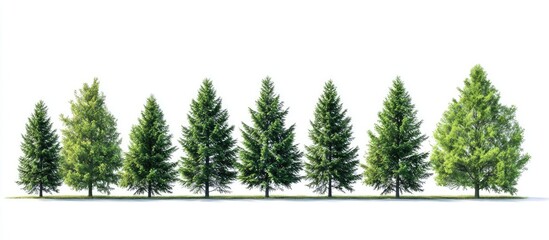 Poster - Green evergreen and deciduous trees in a straight line on a white background with varying heights and shades of green for a fresh natural look.