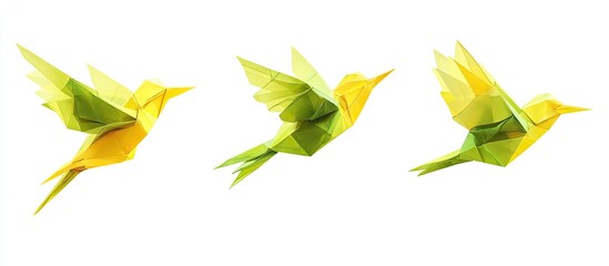 Leinwandbilder - Three origami birds in shades of yellow and green, dynamically positioned in flight against a clean white background, showcasing intricate folds and angles.