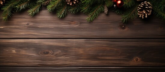 Poster - Christmas fir tree branches with pine cones and red ornaments on dark wooden background with ample copy space for your festive greetings