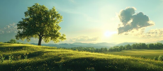 Aufkleber - Lone lush green tree on rolling grassy hills with soft sunlight illuminating mountains in the background under a clear blue sky