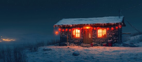 Aufkleber - Rustic Tibetan stone cabin in snowy landscape, warmly lit by glowing red lanterns, creating a cozy ambiance at night with a serene atmosphere.