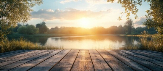 Poster - Serene lake at sunset viewed from a wooden deck with warm golden sunlight reflecting on calm waters surrounded by lush green foliage