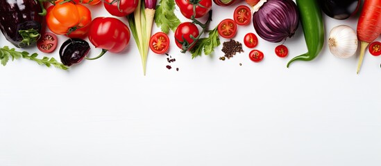 Poster - Vibrant assortment of fresh vegetables including Pokcay, tomatoes, onions, and peppers arranged on a white background with ample copy space for text.