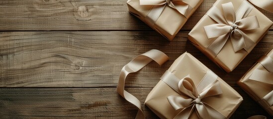 Poster - Top view of beige gift boxes with elegant ribbons arranged on a rustic wooden surface with ample copy space for promotional content