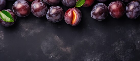 Poster - Fresh ripe plums in dark tones arranged on a textured black surface with green leaves positioned throughout the cluster for contrast.