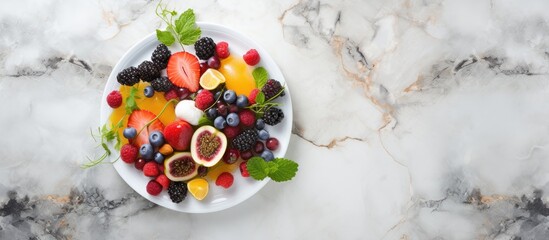 Poster - Fresh fruit and berry salad in a white plate on a light marble background, vibrant colors of strawberries, blueberries, and citrus with ample copy space.