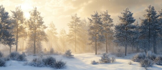 Aufkleber - Brightly illuminated winter pine forest with snow-covered ground and misty atmosphere, tops of trees glowing under sunlight, serene landscape.