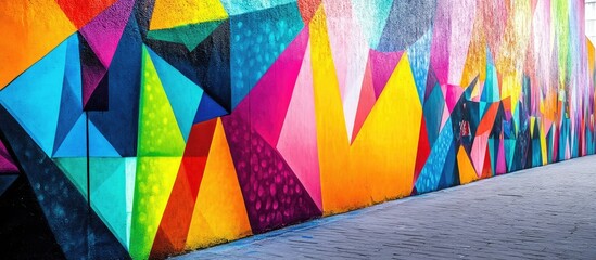 Poster - Vibrant street art mural featuring geometric shapes in neon colors of pink, blue, green, and orange, creating a lively urban atmosphere.