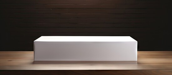 Fototapete - Empty white gift box on a dark wooden table with a smooth texture highlighting the box's edges surrounded by subtle shadows for contrast.