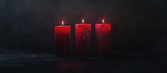 Aufkleber - Three red candles with flickering flames arranged evenly against a dark background creating a moody and atmospheric setting with shadows.