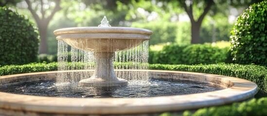Aufkleber - Serene outdoor scene featuring a stone fountain with flowing water surrounded by lush green bushes and trees in soft sunlight creating a tranquil ambiance