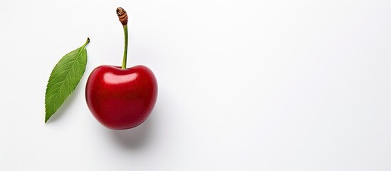 Poster - A vibrant red cherry with a glossy surface positioned left atop a clean white background with a green leaf nearby creating a stark contrast and space