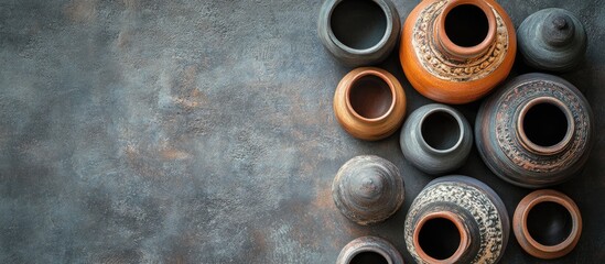 Leinwandbilder - Artistic handcrafted pottery jars in various sizes arranged on a textured dark background with a top view perspective featuring earthy colors.