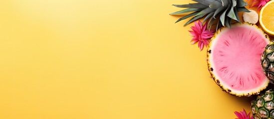 Poster - Vibrant tropical fruit arrangement with pink watermelon, yellow pineapple, and orange on a bright yellow background, accented by pink flowers.