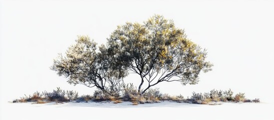 Poster - Isolated leafy tree with grayish brown trunks centered against a white background, featuring small shrubs at the base for added detail
