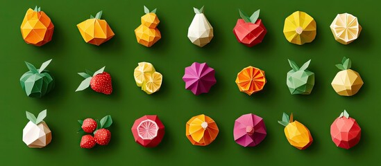 Poster - Colorful origami fruits arranged in rows on a deep green background, featuring reds, yellows, oranges, and purples in various shapes and sizes.