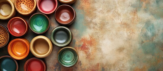 Leinwandbilder - Colorful handcrafted pottery jars arranged in a top view composition on a textured multicolored background with earthy tones and rustic finishes.