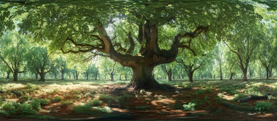 Aufkleber - Lush green beech tree canopy illuminated by sunlight in a serene forest clearing panoramic view showcasing vibrant foliage and peaceful ambiance