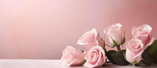 Aufkleber - Delicate pink roses with green leaves arranged on a light pink background creating ample copy space for Valentineâ€™s Day greetings or messages.