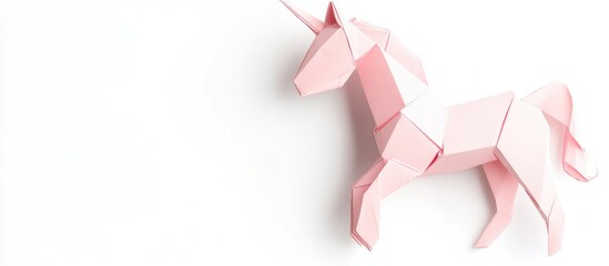 Poster - Pink origami unicorn positioned on the right against a white background, showcasing delicate folds and a whimsical design.