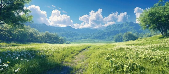 Poster - Vibrant green fields stretch across the foreground with a clear blue sky and white clouds above lush mountains creating a serene natural landscape
