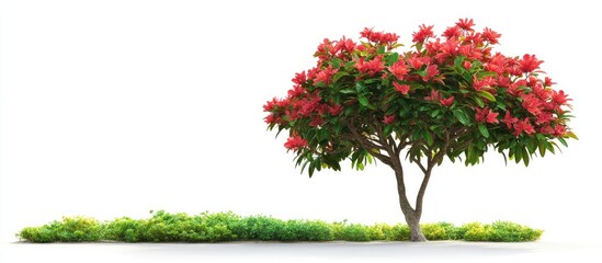 Fototapete - Tropical flowering tree with vibrant red blossoms and lush green foliage on white background showcasing isolated beauty and natural elegance