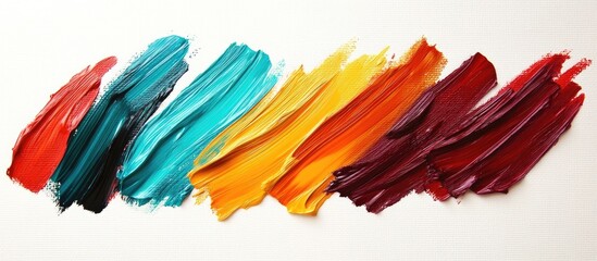 Poster - Colorful brushstrokes of teal, yellow, orange, and deep red on a light background arranged horizontally creating an artistic vibrant composition.