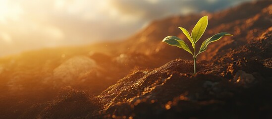 Aufkleber - Green seedling emerging from rich dark soil illuminated by warm morning sunlight, creating a serene eco-friendly atmosphere under a cloudy sky.