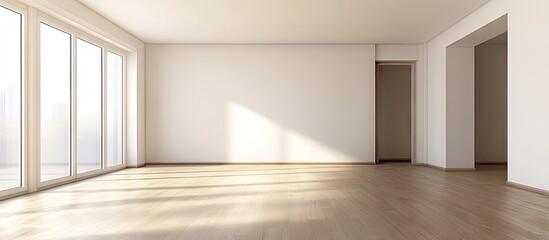 Aufkleber - Bright and spacious unfurnished room with light wooden floor and large windows casting soft shadows on white walls, ideal for decoration possibilities