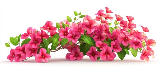 Poster - Vibrant pink tropical flowers with green leaves cascading elegantly against a clean white background, showcasing natural beauty and freshness.