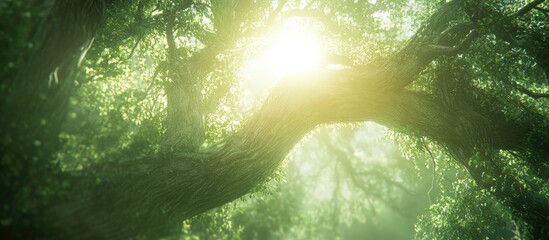 Fototapete - Sunlight filters through lush green foliage and twisted branches creating a serene atmosphere in a vibrant forest setting.
